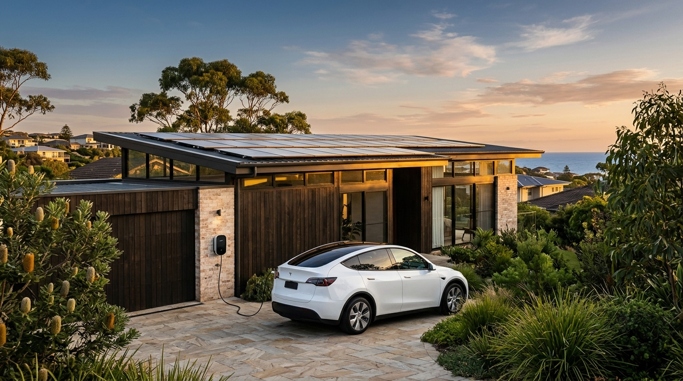 Solar panels on a Northern Beaches roof with an EV charging in the driveway below