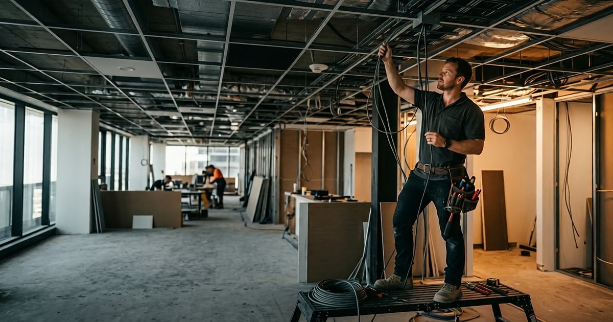 Licensed commercial electrician working on a three-phase switchboard in a Northern Beaches business