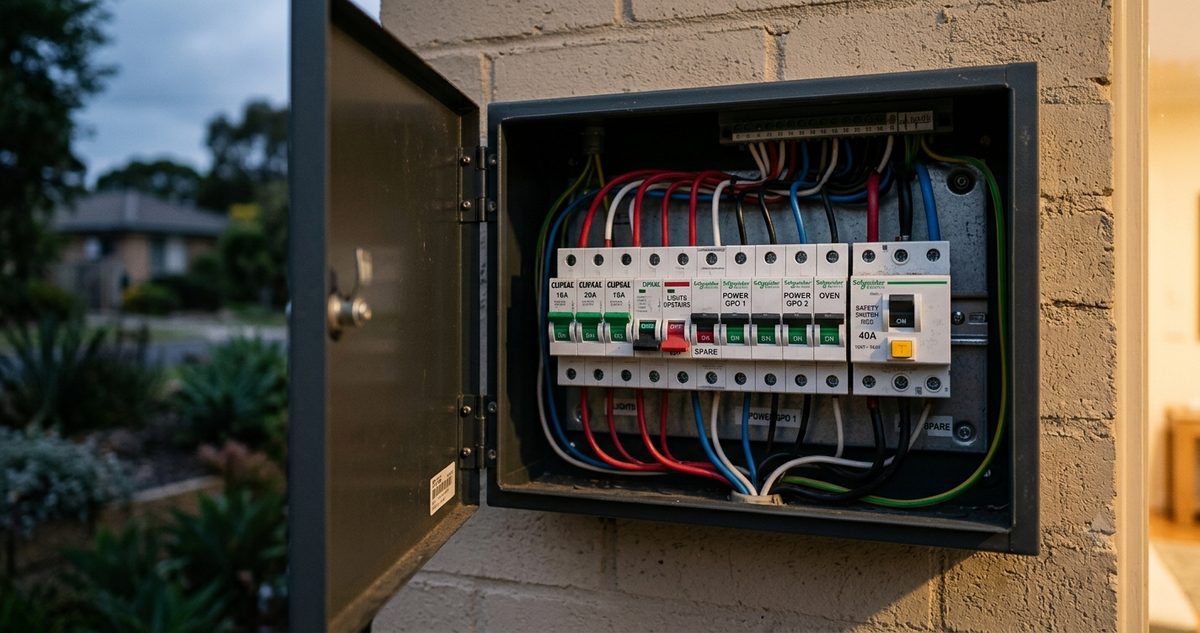 Home switchboard with a tripped breaker while half a Northern Beaches house is in darkness