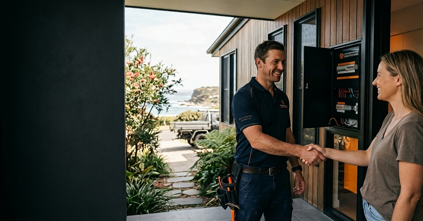 Licensed Northern Beaches electrician talking a homeowner through a job before starting