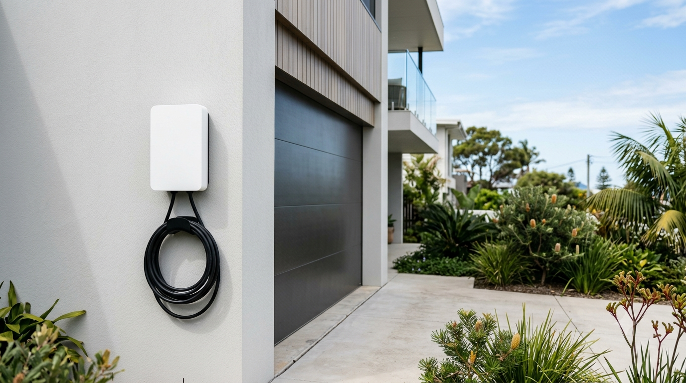 A wall-mounted home EV charger on the wall of a Northern Beaches home